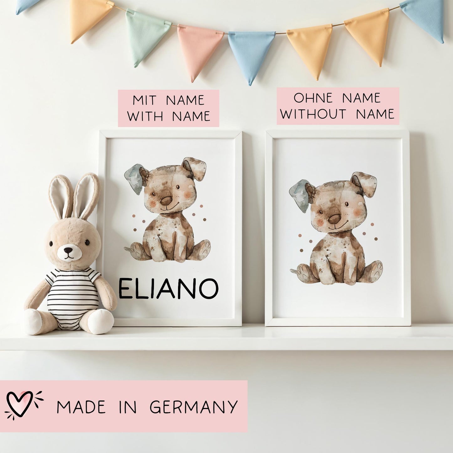 Hund DIN A4 Poster mit Namen - Personalisiert mit od. ohne Namen für Kinderzimmer - Namensposter - Geschenkidee - Geschenk - Wanddeko -Tiere kleinebuchstaben