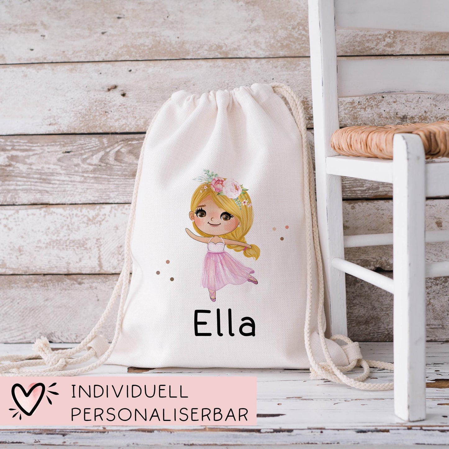 Turnbeutel Ballerina Tanzend mit Namen personalisiert Personalisierte Tasche als Sportbeutel, Kindergarten, Wäschebeutel Mädchen Blond Braun kleinebuchstaben