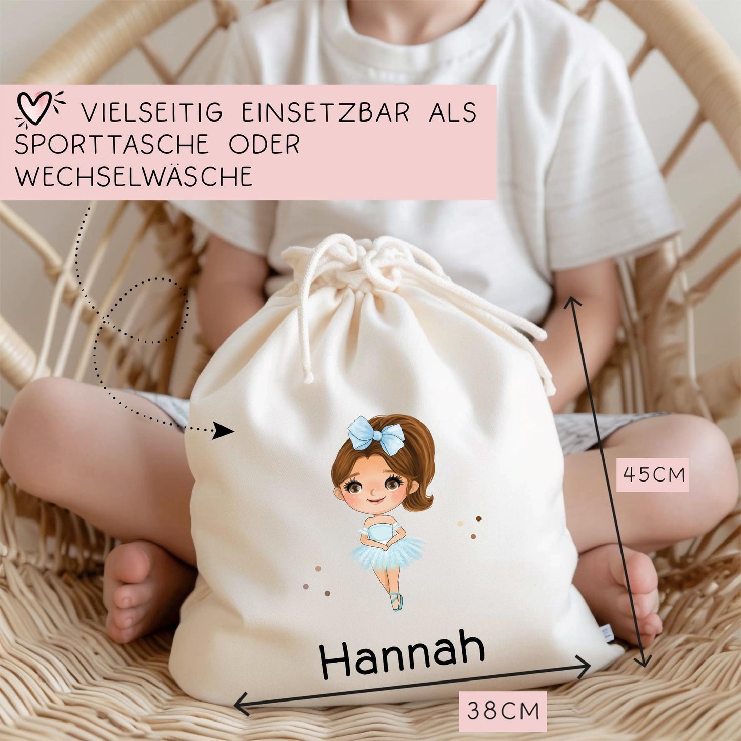Turnbeutel Ballerina Personalisiert mit Namen Tasche als Sportbeutel, Kindergarten, Wäschebeutel Mädchen Blond Braun Schwarz Weihnachten kleinebuchstaben