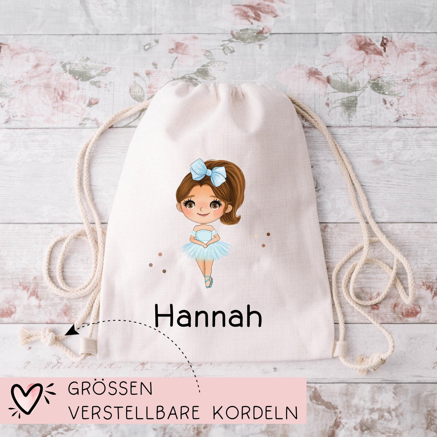 Turnbeutel Ballerina Personalisiert mit Namen Tasche als Sportbeutel, Kindergarten, Wäschebeutel Mädchen Blond Braun Schwarz Weihnachten kleinebuchstaben
