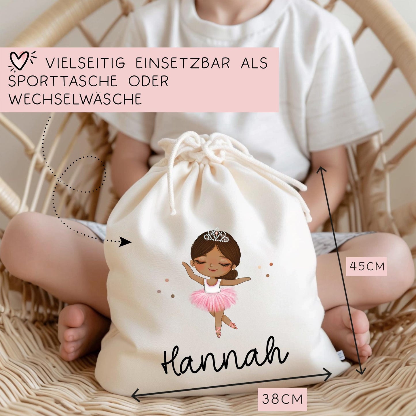 Ballerina Turnbeutel Personalisiert mit Namen Tasche als Kindergarten, Sportbeutel, Wäschebeutel Mädchen Blond Braun Schwarz Weihnachten kleinebuchstaben