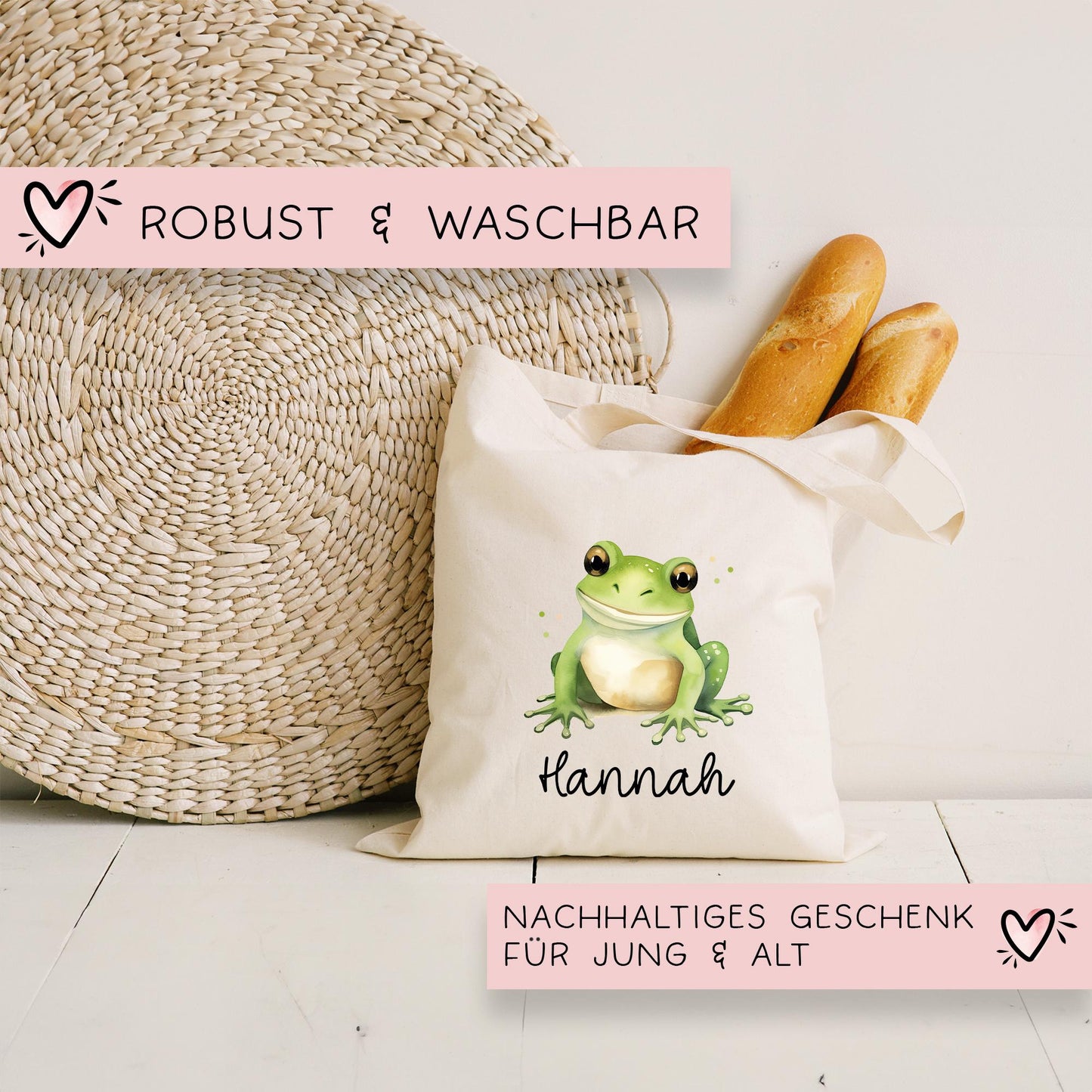 Frosch Stofftasche Tasche Personalisiert & Name - Kinder Beutel Kindertasche mit Wunschname - Wechselwäsche - Wechselkleidung - Sport kleinebuchstaben