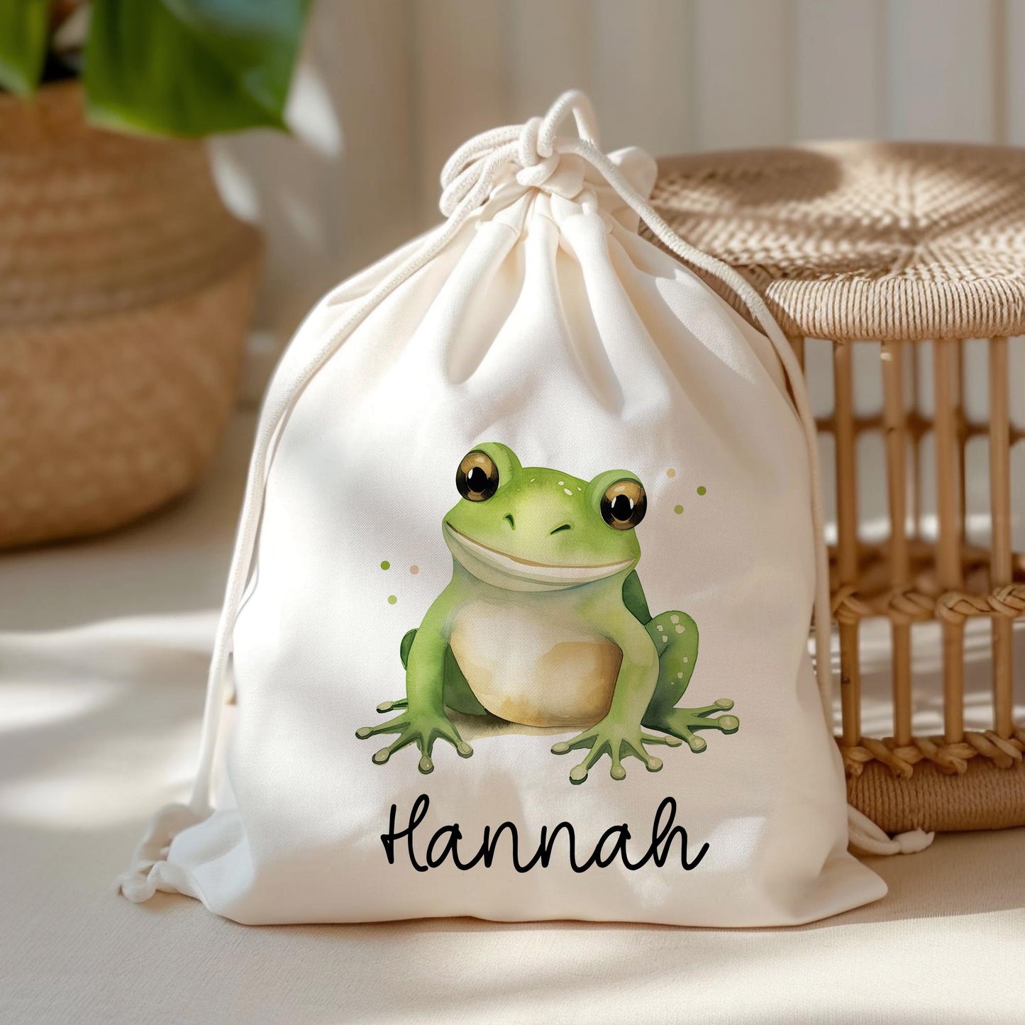 Frosch Stofftasche Tasche Personalisiert & Name - Kinder Beutel Kindertasche mit Wunschname - Wechselwäsche - Wechselkleidung - Sport kleinebuchstaben Turnbeutel Schriftart 1
