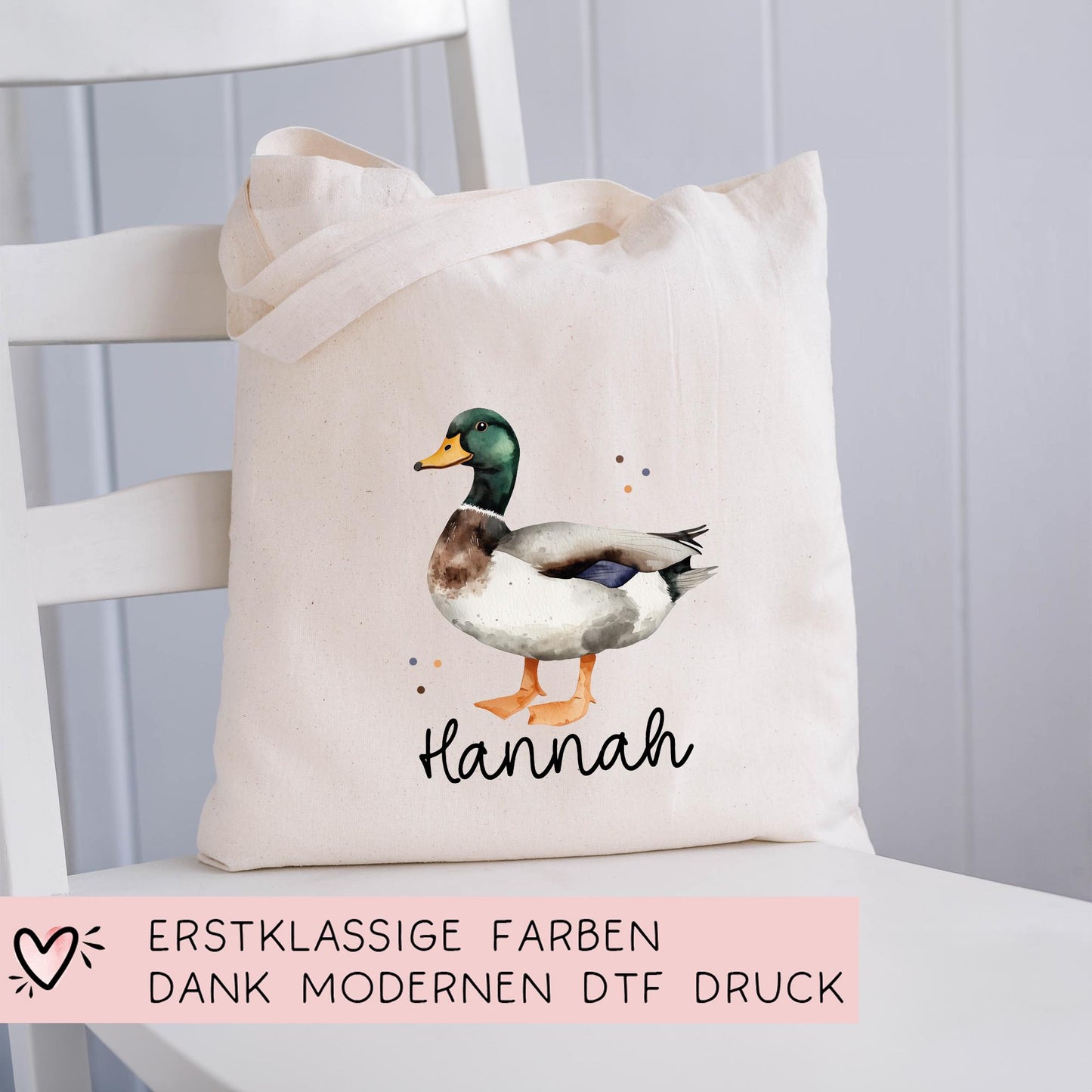 Ente Stofftasche Tasche Personalisiert & Name - Erpel Kinder Beutel Kindertasche mit Wunschname - Wechselwäsche - Kindergarten Schule -Sport kleinebuchstaben