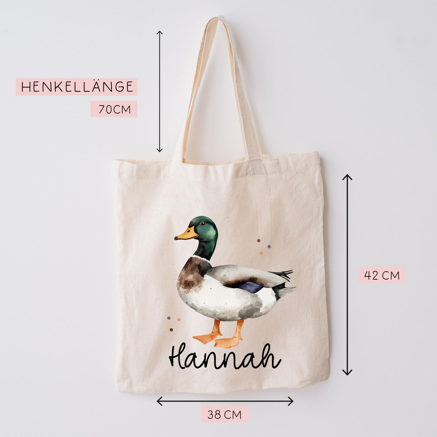Ente Stofftasche Tasche Personalisiert & Name - Erpel Kinder Beutel Kindertasche mit Wunschname - Wechselwäsche - Kindergarten Schule -Sport kleinebuchstaben