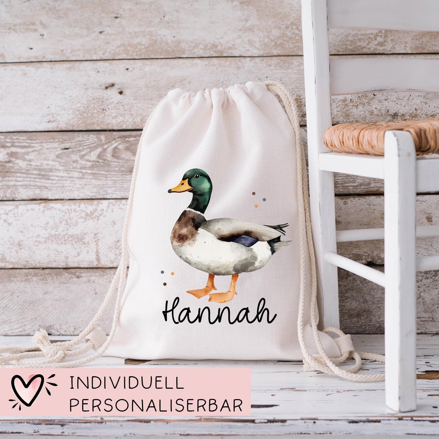 Ente Turnbeutel Personalisiert mit Namen Tasche Rucksack als Kindergarten, Sportbeutel, Schule, KITA Wäschebeutel Weihnachten Nikolaus kleinebuchstaben