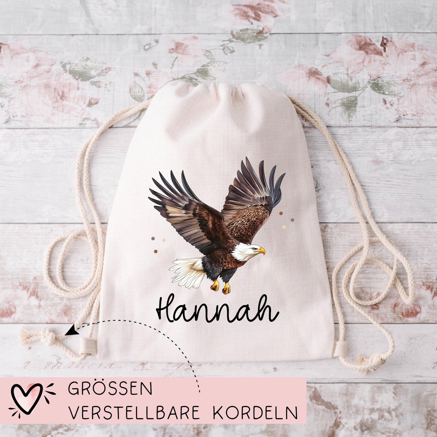 Adler Turnbeutel Personalisiert mit Namen Tasche Rucksack als Kindergarten, Sportbeutel, Schule, KITA Wäschebeutel Weihnachten Nikolaus kleinebuchstaben