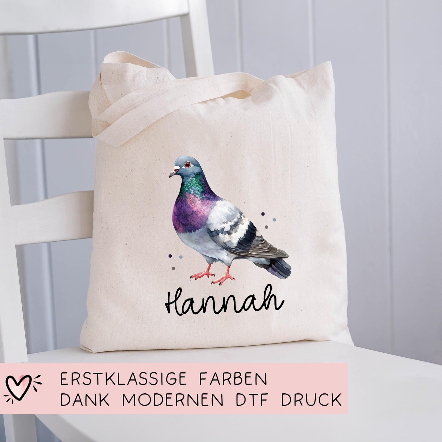 Taube Stofftasche Tasche Personalisiert & Name - Kinder Beutel Kindertasche mit Wunschname - Wechselwäsche Jutebeutel - Kindergarten Schule kleinebuchstaben