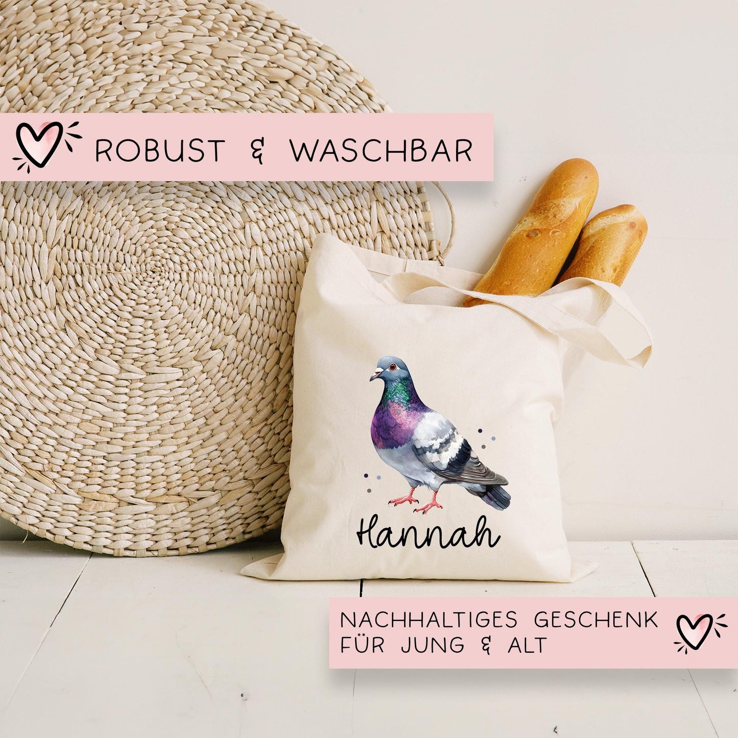 Taube Stofftasche Tasche Personalisiert & Name - Kinder Beutel Kindertasche mit Wunschname - Wechselwäsche Jutebeutel - Kindergarten Schule kleinebuchstaben