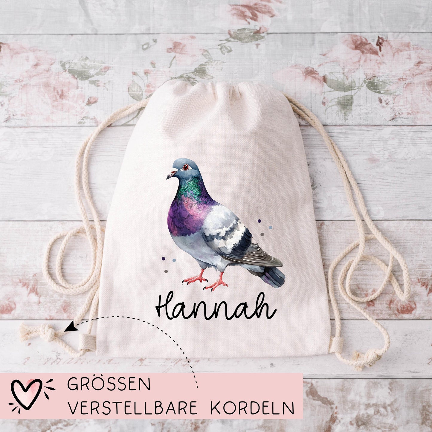 Taube Stofftasche Tasche Personalisiert & Name - Kinder Beutel Kindertasche mit Wunschname - Wechselwäsche Jutebeutel - Kindergarten Schule kleinebuchstaben