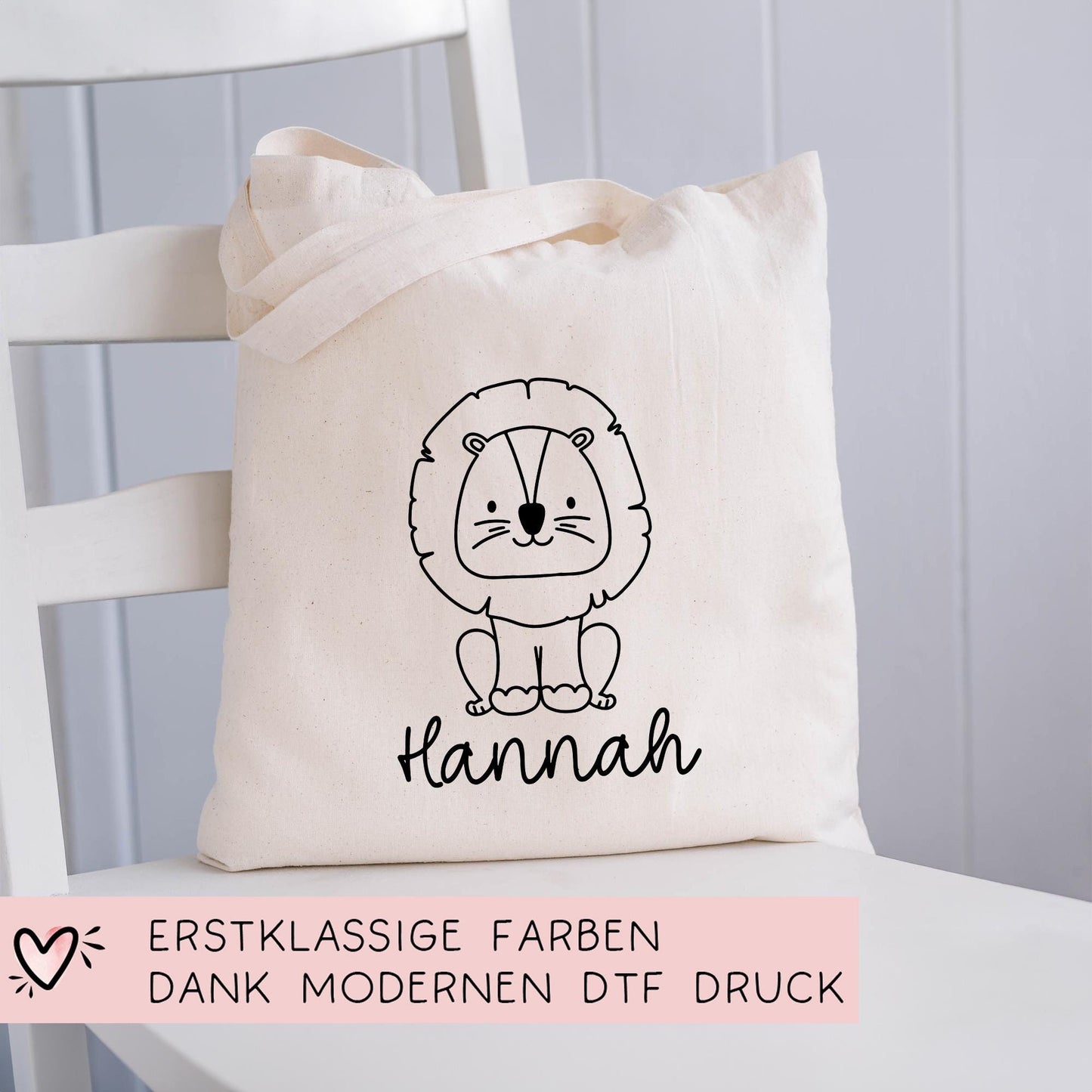 Löwe Stofftasche Tasche Personalisiert & Name - Kinder Beutel Kindertasche mit Wunschname - Wechselwäsche Jutebeutel - Kindergarten Schule kleinebuchstaben