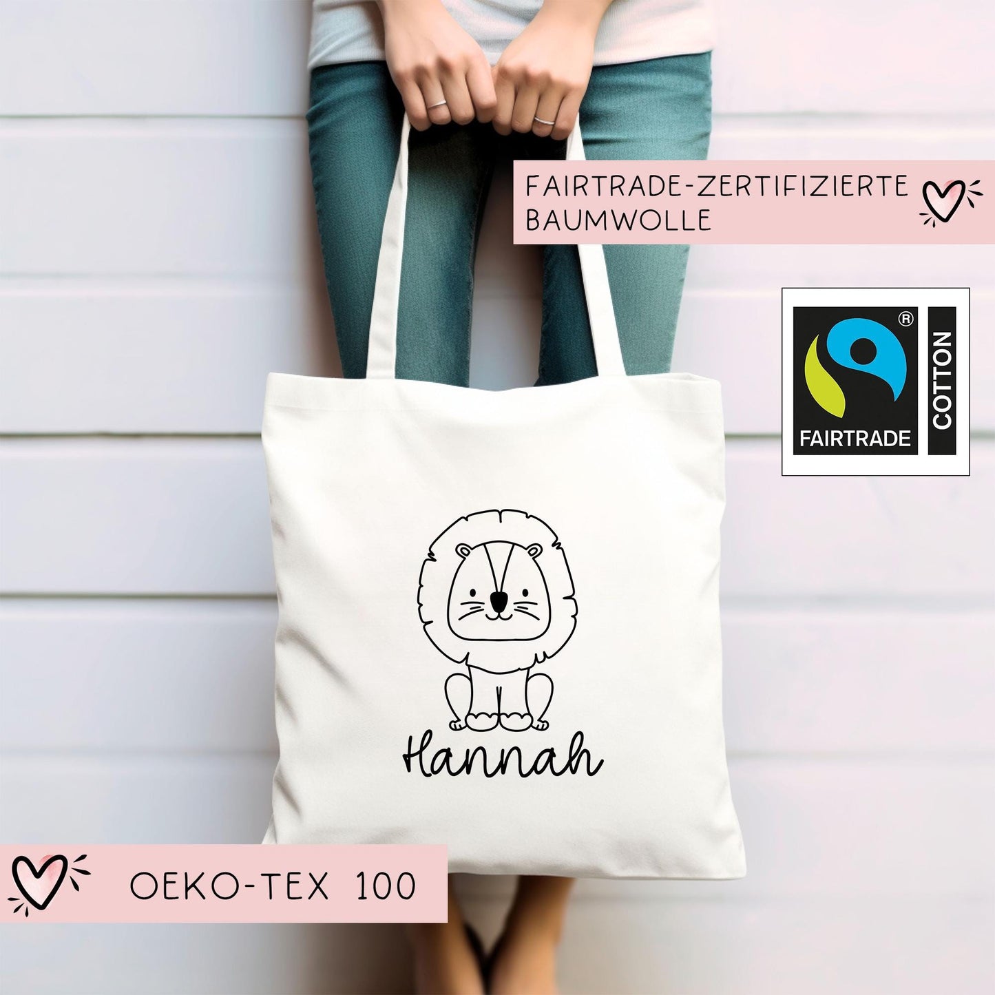 Löwe Stofftasche Tasche Personalisiert & Name - Kinder Beutel Kindertasche mit Wunschname - Wechselwäsche Jutebeutel - Kindergarten Schule kleinebuchstaben