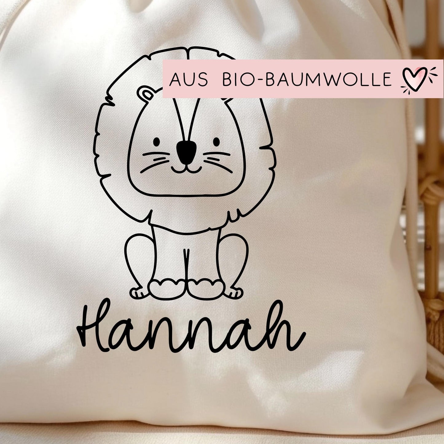 Löwe Stofftasche Tasche Personalisiert & Name - Kinder Beutel Kindertasche mit Wunschname - Wechselwäsche Jutebeutel - Kindergarten Schule kleinebuchstaben