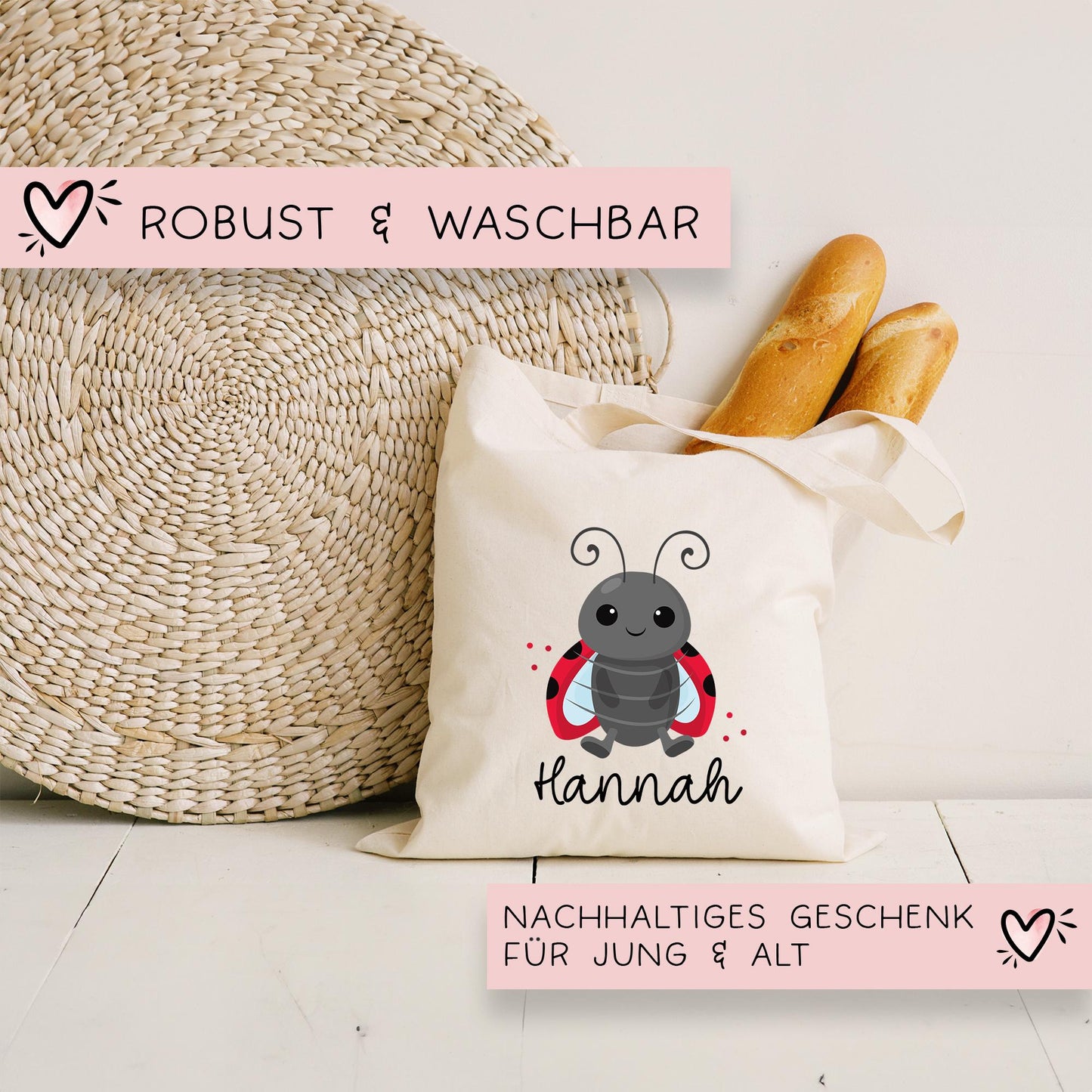 Marienkäfer Stofftasche Tasche Personalisiert & Name - Kinder Beutel Kindertasche mit Wunschname - Wechselwäsche Jutebeutel - Kindergarten kleinebuchstaben