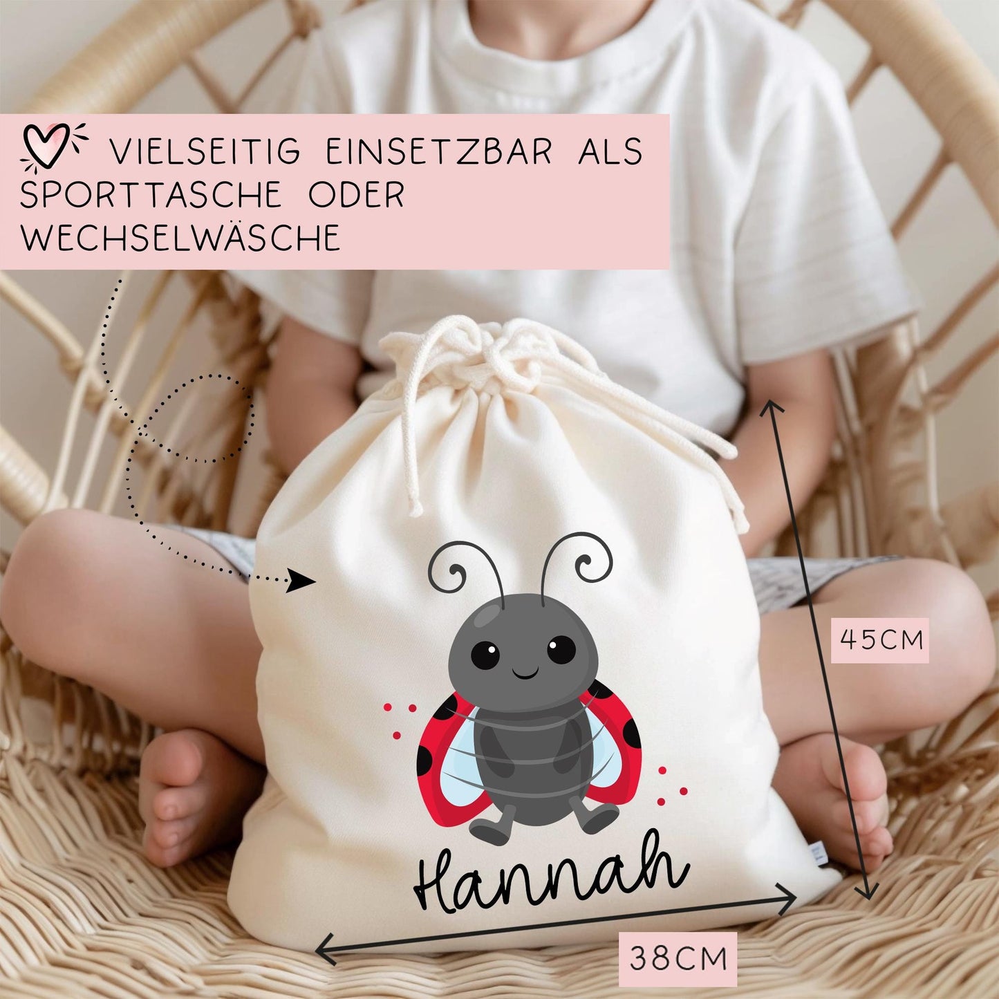 Marienkäfer Turnbeutel Personalisiert mit Namen Tasche Rucksack als Kindergarten, Sportbeutel, Schule, Wäschebeutel Weihnachten Nikolaus kleinebuchstaben