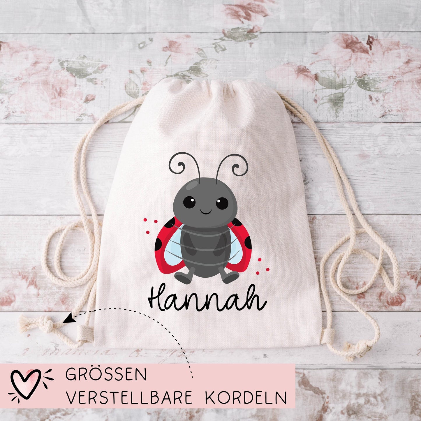 Marienkäfer Turnbeutel Personalisiert mit Namen Tasche Rucksack als Kindergarten, Sportbeutel, Schule, Wäschebeutel Weihnachten Nikolaus kleinebuchstaben