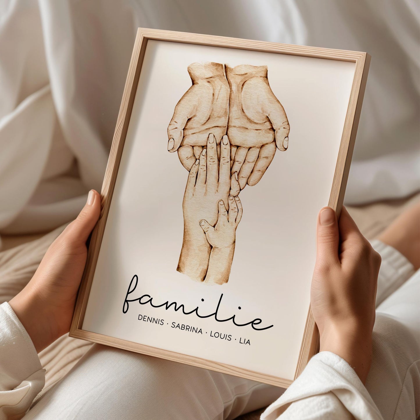 Familienposter mit Händen, Bild Familie, Familienschild mit Familienname und Namen der Eltern und Kinder, personalisiertes Familiengeschenk kleinebuchstaben Familie 03 DIN A5 148 x 210 mm
