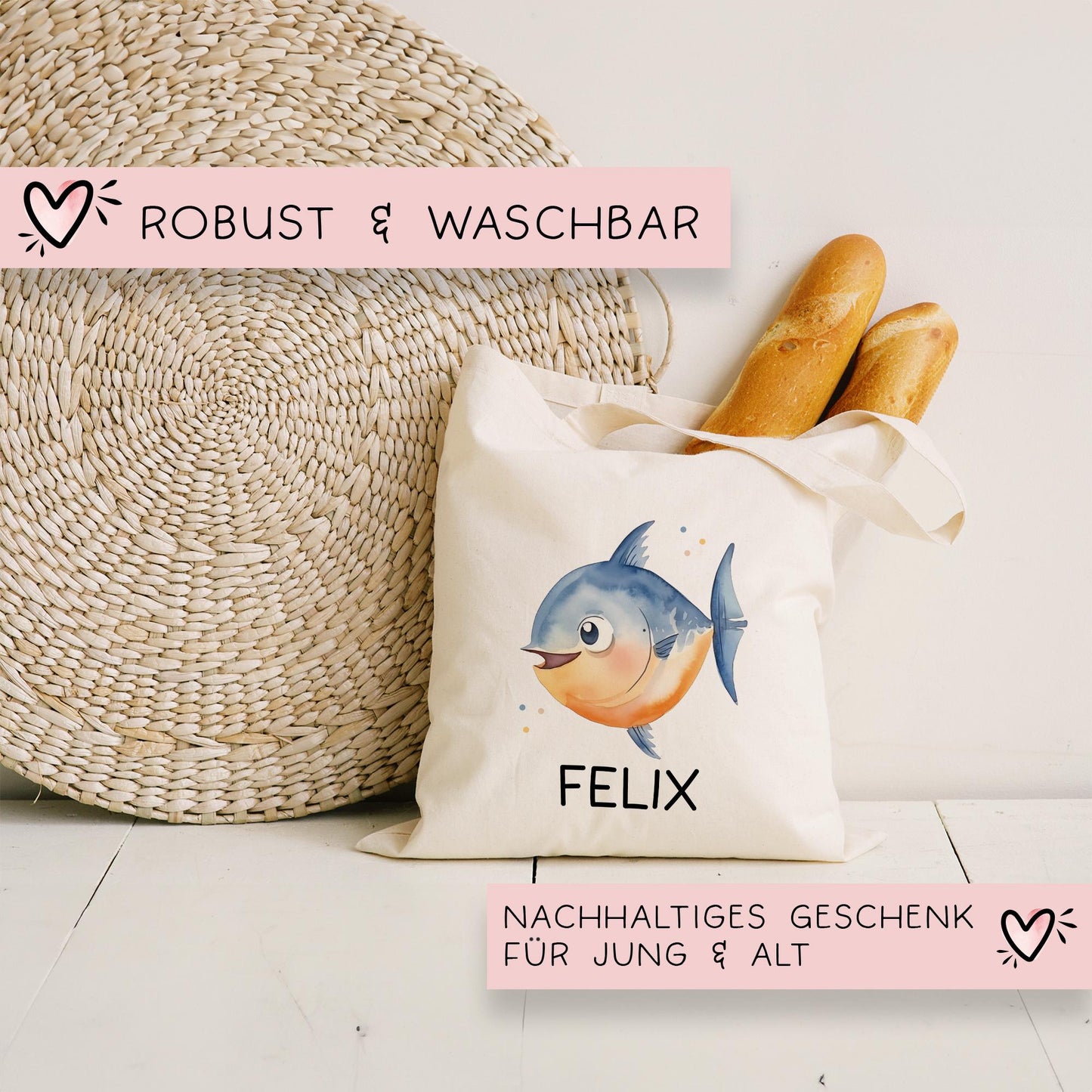 Stofftasche Fisch Personalisiert Tasche & Name - Kinder Beutel Kindertasche mit Wunschname - Wechselwäsche Jutebeutel - Kindergarten kleinebuchstaben