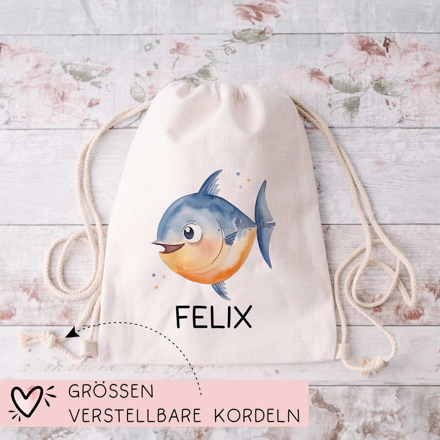 Fisch Turnbeutel Personalisiert mit Namen Tasche Rucksack als Kindergarten, Sportbeutel, Schule, KITA Wäschebeutel Weihnachten Nikolaus kleinebuchstaben