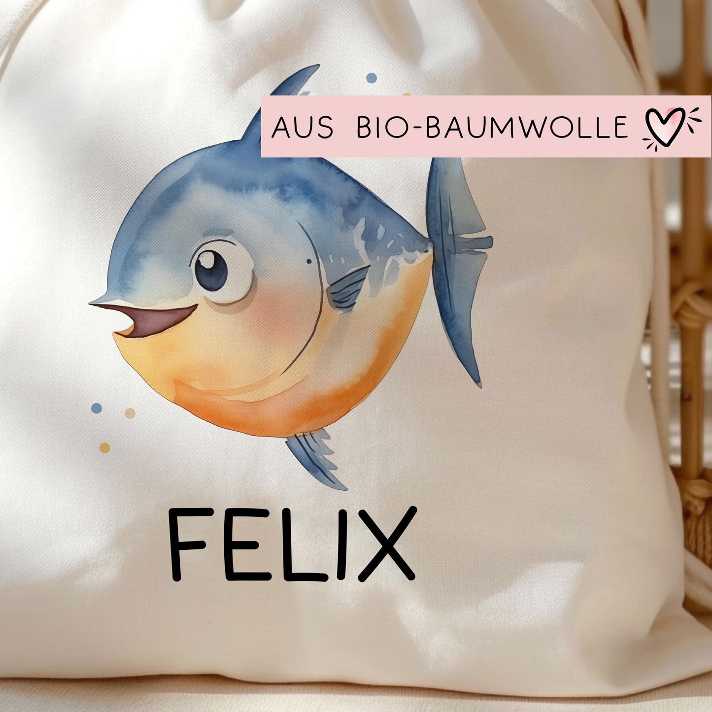 Fisch Turnbeutel Personalisiert mit Namen Tasche Rucksack als Kindergarten, Sportbeutel, Schule, KITA Wäschebeutel Weihnachten Nikolaus kleinebuchstaben