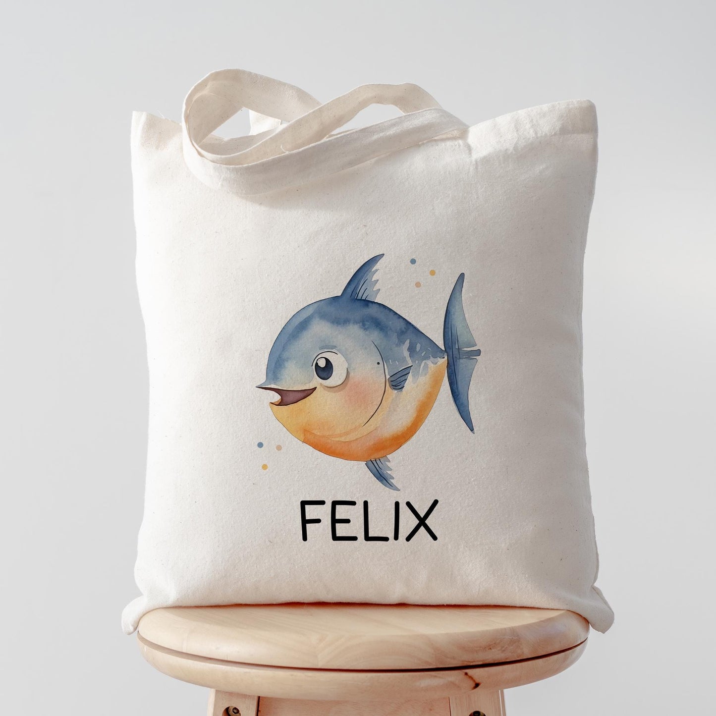 Fisch Turnbeutel Personalisiert mit Namen Tasche Rucksack als Kindergarten, Sportbeutel, Schule, KITA Wäschebeutel Weihnachten Nikolaus kleinebuchstaben Stofftasche Schriftart 1