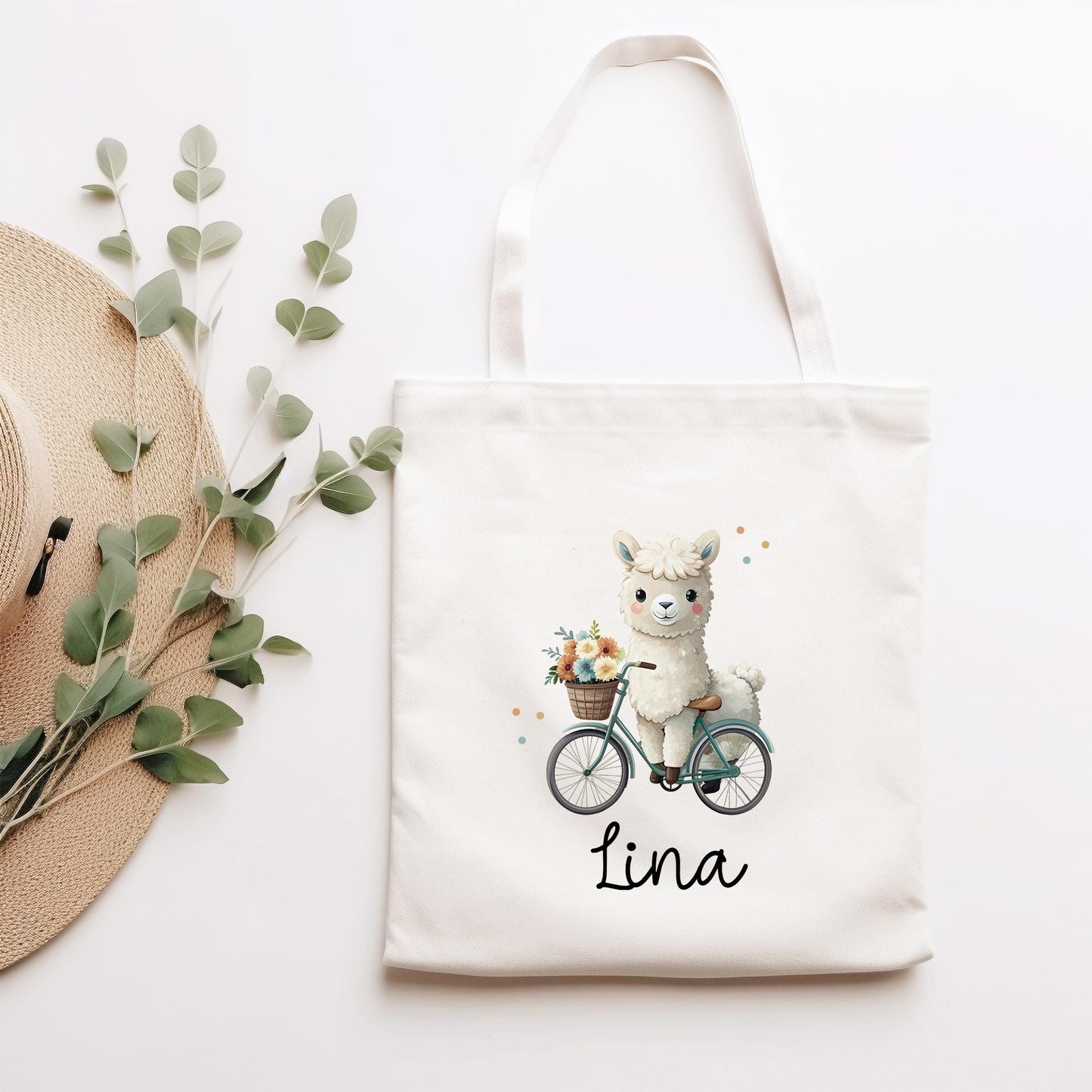 Stofftasche Lama Alpaka Personalisiert Tasche & Name - Kinder Beutel Kindertasche mit Wunschname - Wechselwäsche Jutebeutel - Kindergarten kleinebuchstaben Stofftasche Schriftart 1
