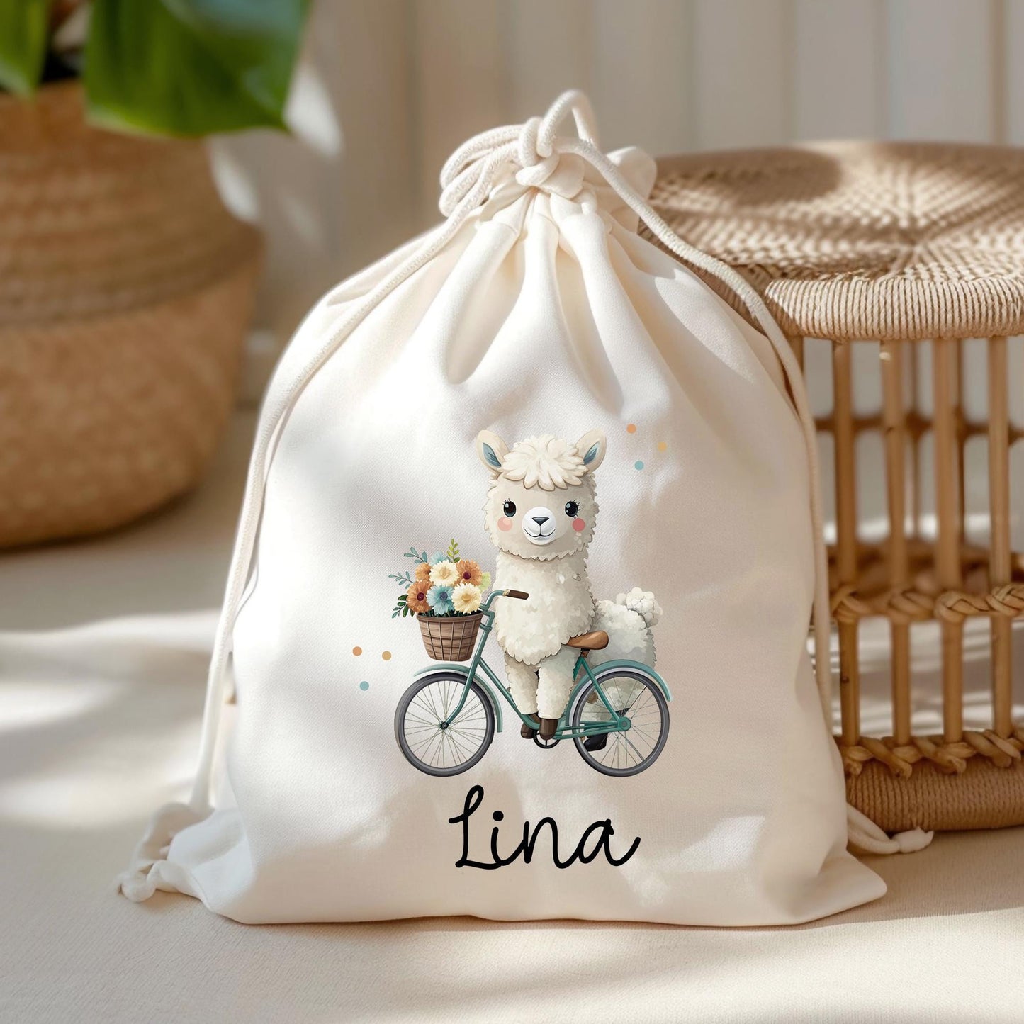 Stofftasche Lama Alpaka Personalisiert Tasche & Name - Kinder Beutel Kindertasche mit Wunschname - Wechselwäsche Jutebeutel - Kindergarten kleinebuchstaben Turnbeutel Schriftart 1