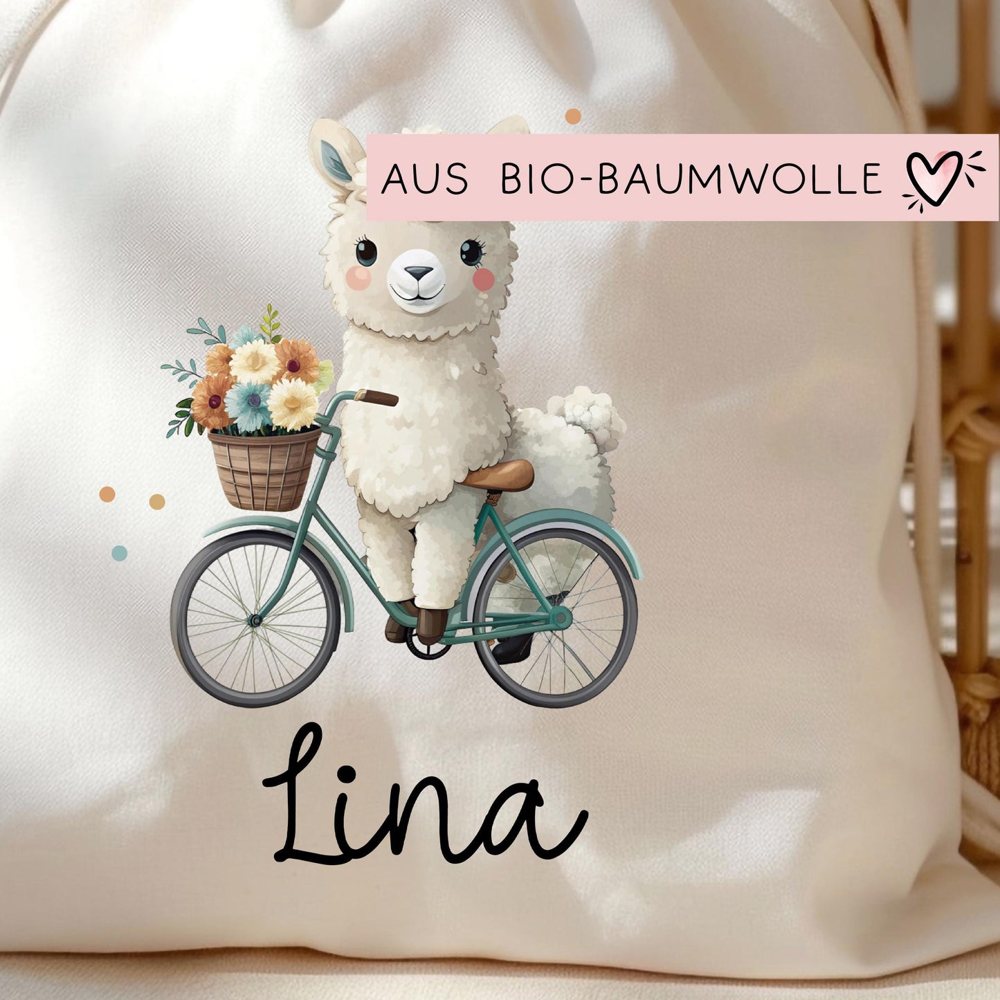 Stofftasche Lama Alpaka Personalisiert Tasche & Name - Kinder Beutel Kindertasche mit Wunschname - Wechselwäsche Jutebeutel - Kindergarten kleinebuchstaben