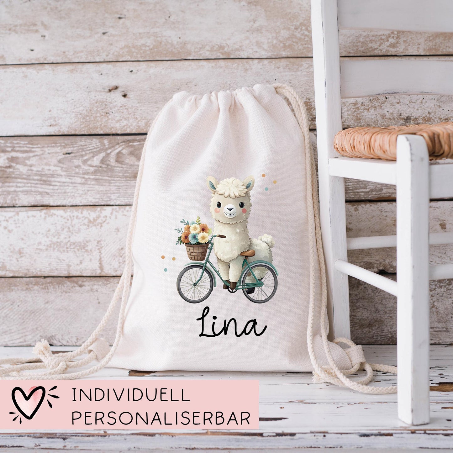 Lama Alpaka Turnbeutel Personalisiert mit Namen Tasche Rucksack als Kindergarten, Sportbeutel, Schule, Wäschebeutel Weihnachten Nikolaus kleinebuchstaben