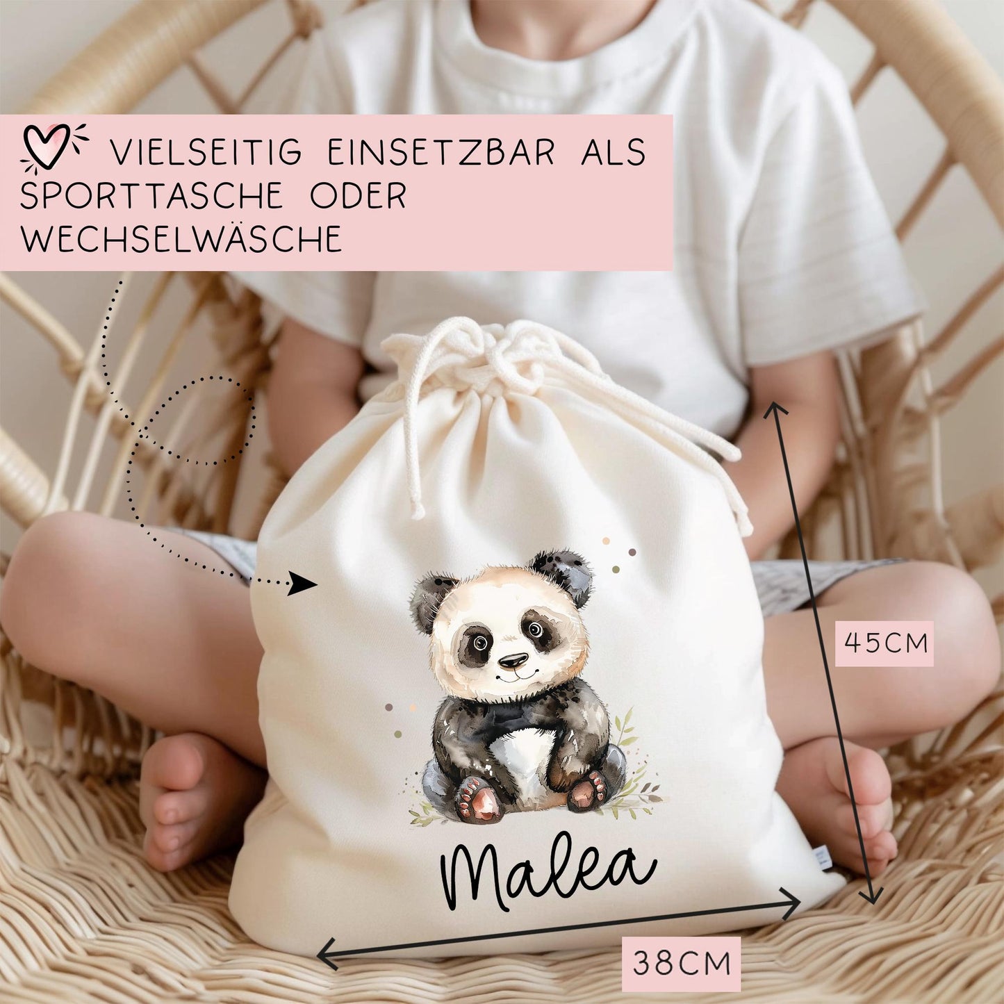 Panda Pandabär Turnbeutel Personalisiert mit Namen Tasche Rucksack als Kindergarten, Sportbeutel, Schule, Wäschebeutel Weihnachten Nikolaus kleinebuchstaben