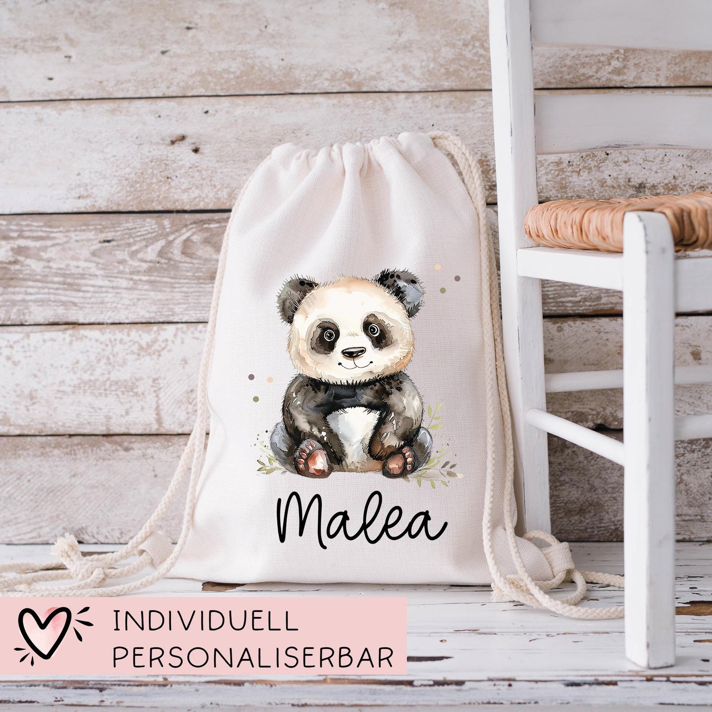 Panda Pandabär Turnbeutel Personalisiert mit Namen Tasche Rucksack als Kindergarten, Sportbeutel, Schule, Wäschebeutel Weihnachten Nikolaus kleinebuchstaben