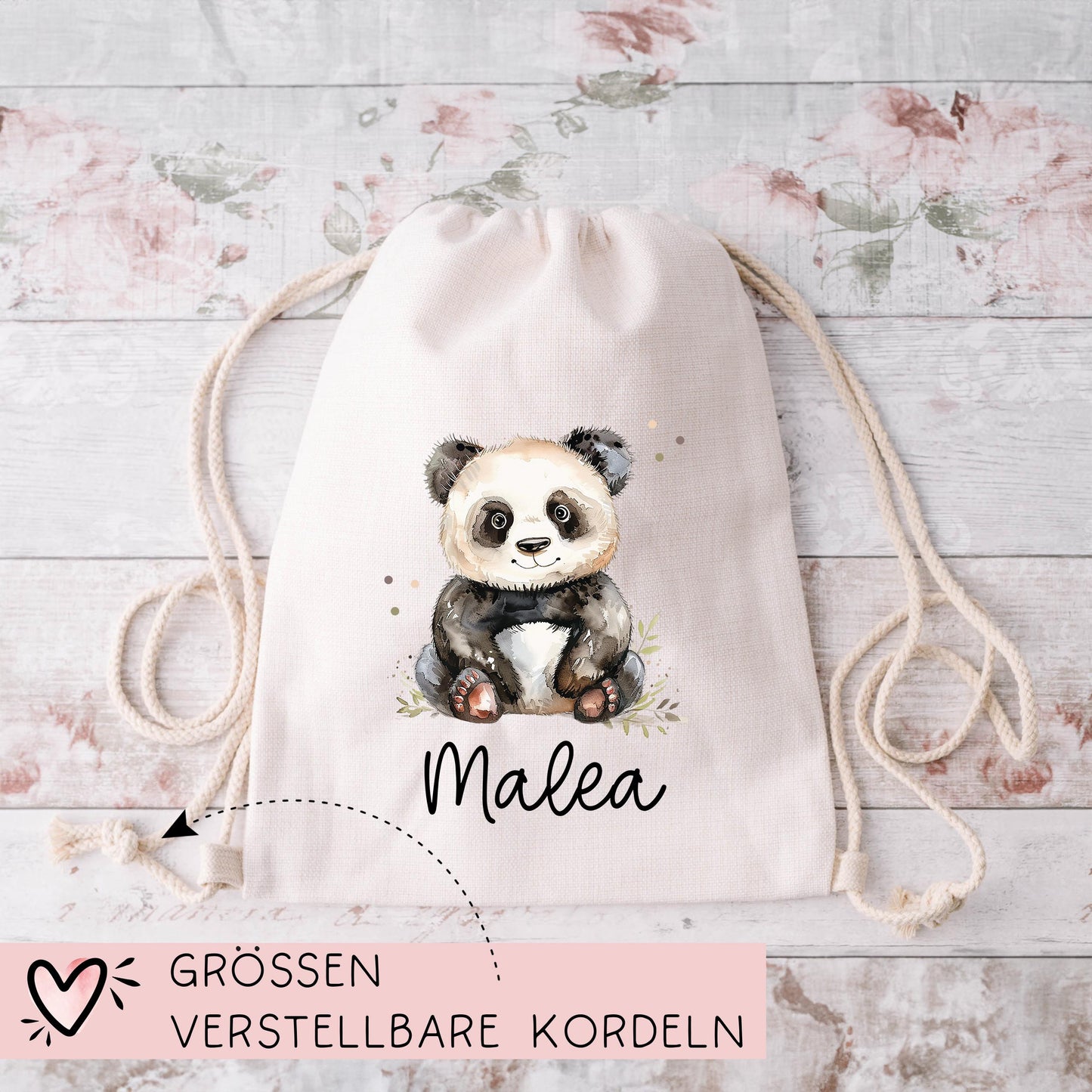 Panda Pandabär Turnbeutel Personalisiert mit Namen Tasche Rucksack als Kindergarten, Sportbeutel, Schule, Wäschebeutel Weihnachten Nikolaus kleinebuchstaben