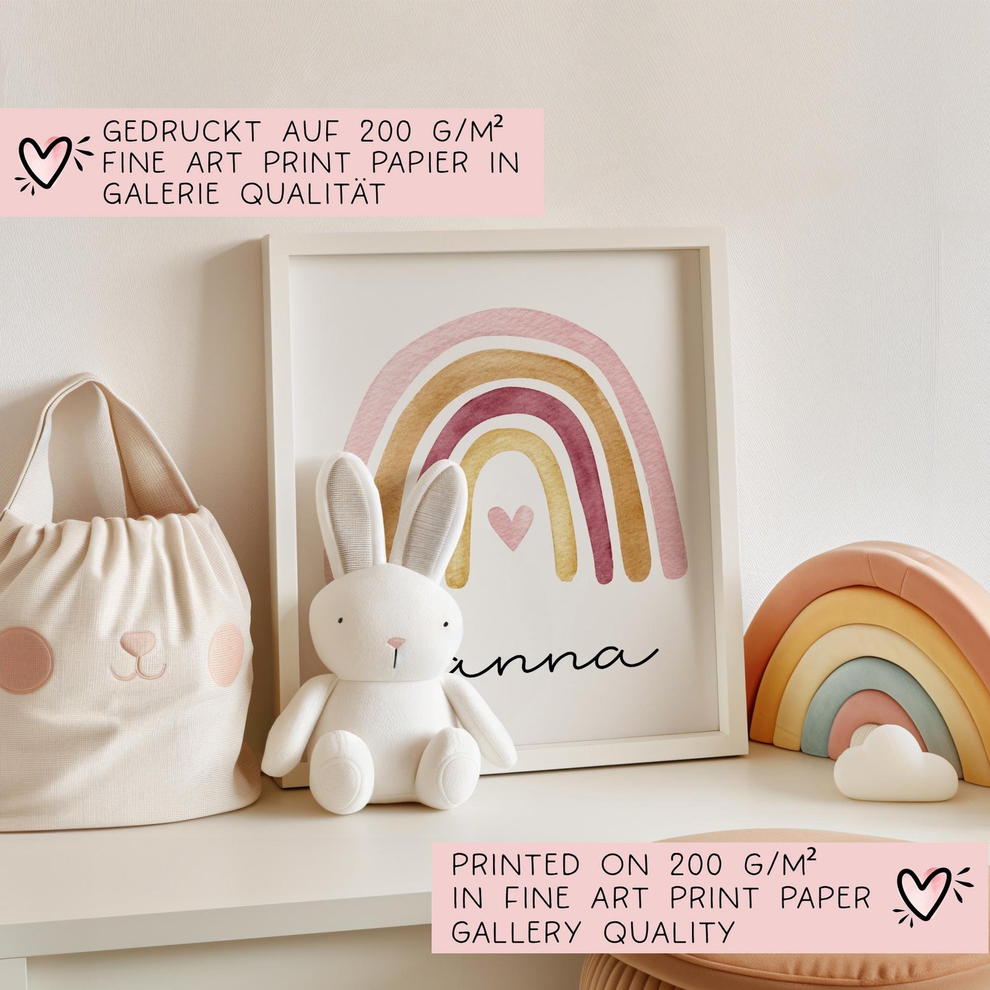 Regenbogen Boho Poster Personalisiert mit oder ohne Namen für Kinderzimmer. Namensposter - Geschenkidee. Geschenk Baby - Wanddeko - Rosa Rot kleinebuchstaben
