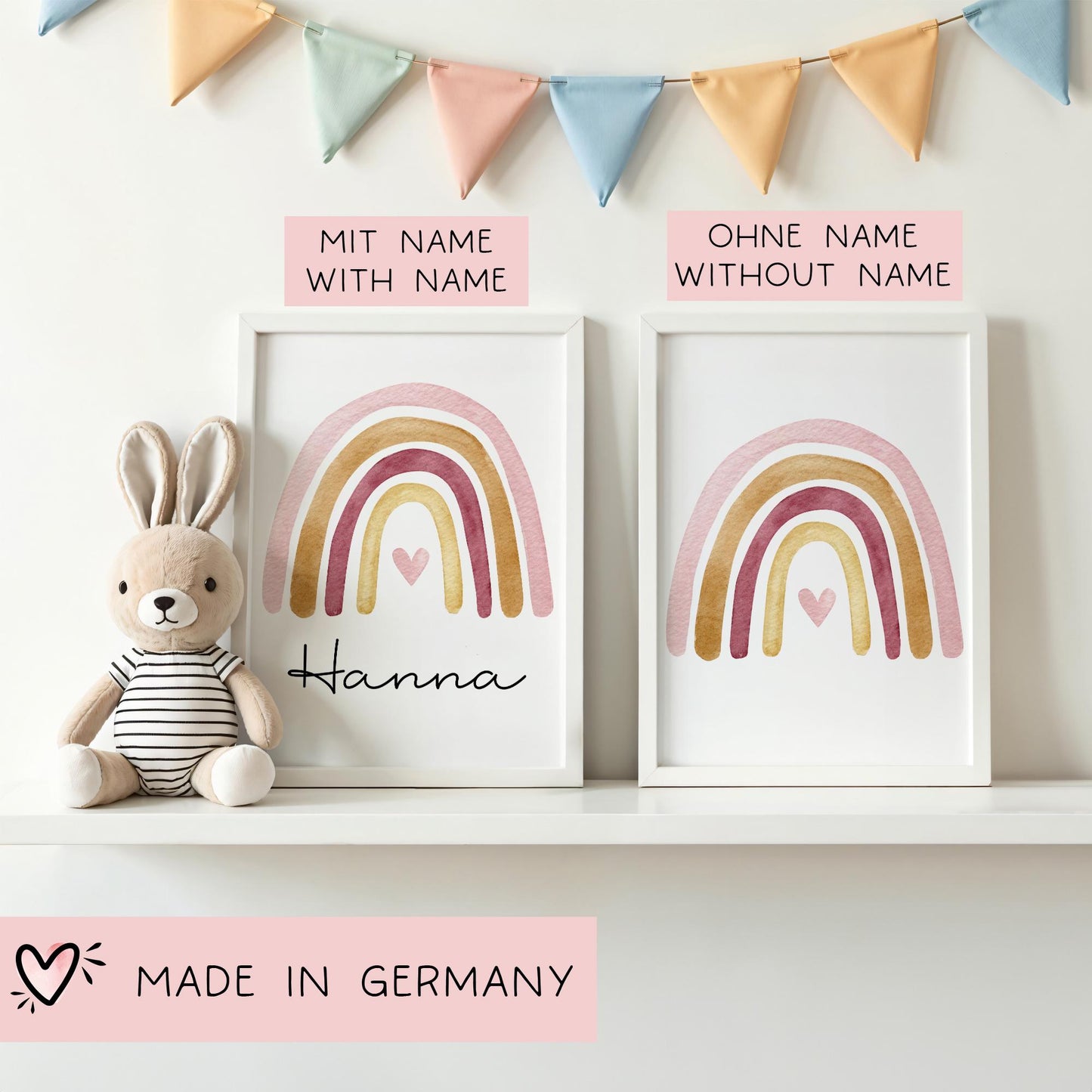 Regenbogen Boho Poster Personalisiert mit oder ohne Namen für Kinderzimmer. Namensposter - Geschenkidee. Geschenk Baby - Wanddeko - Rosa Rot kleinebuchstaben
