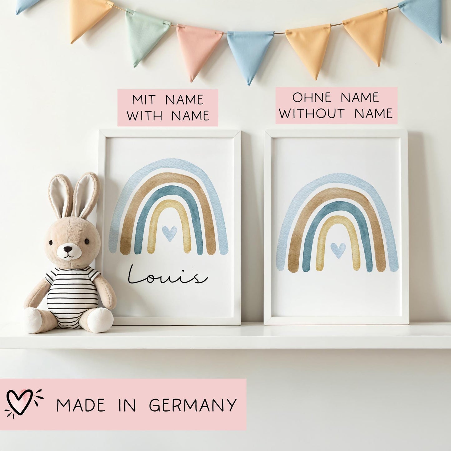 Poster Regenbogen Boho Personalisiert mit oder ohne Namen für Kinderzimmer. Namensposter - Geschenkidee. Geschenk Baby - Wanddeko - Blau kleinebuchstaben