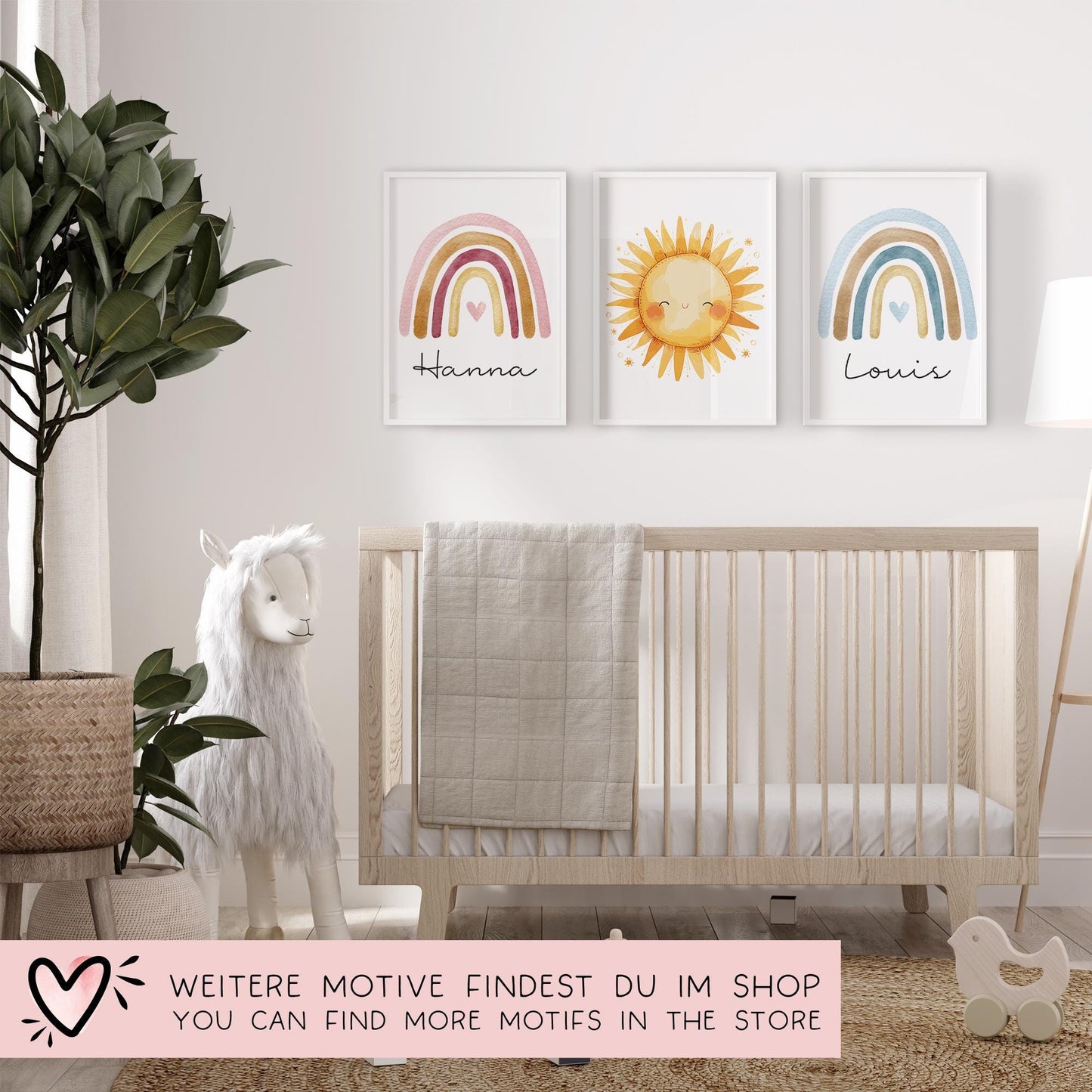 Poster Regenbogen Boho Personalisiert mit oder ohne Namen für Kinderzimmer. Namensposter - Geschenkidee. Geschenk Baby - Wanddeko - Blau kleinebuchstaben