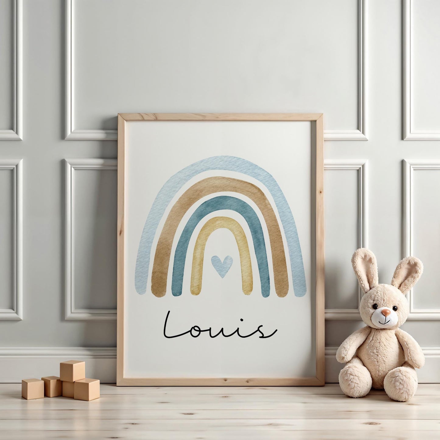 Poster Regenbogen Boho Personalisiert mit oder ohne Namen für Kinderzimmer. Namensposter - Geschenkidee. Geschenk Baby - Wanddeko - Blau kleinebuchstaben