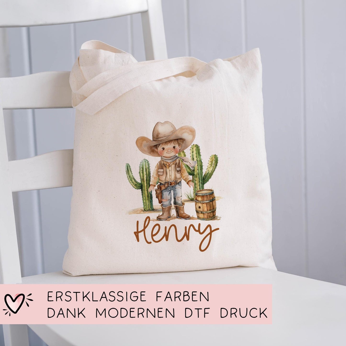 Stofftasche Cowboy Junge Personalisiert Tasche & Name - Beutel Kindertasche mit Wunschname - Wechselwäsche Jutebeutel - Kindergarten kleinebuchstaben