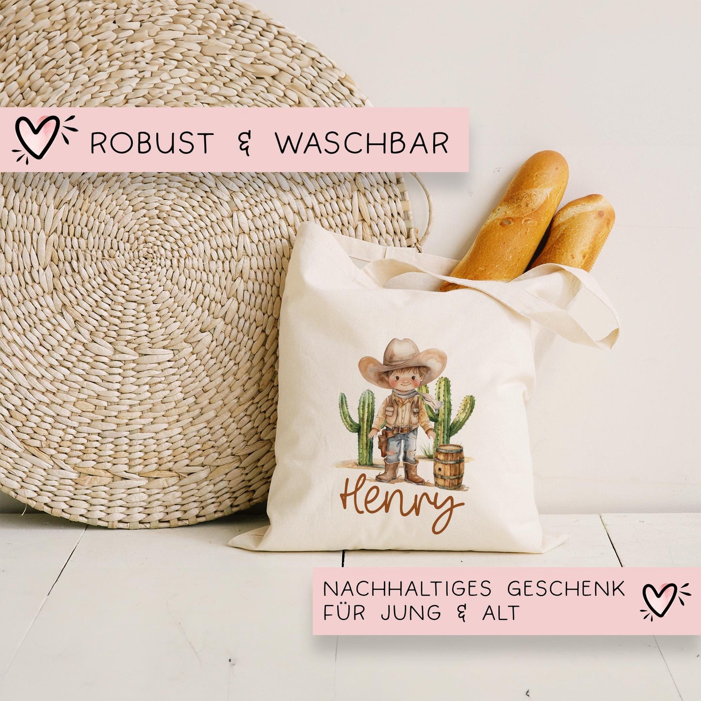 Stofftasche Cowboy Junge Personalisiert Tasche & Name - Beutel Kindertasche mit Wunschname - Wechselwäsche Jutebeutel - Kindergarten kleinebuchstaben