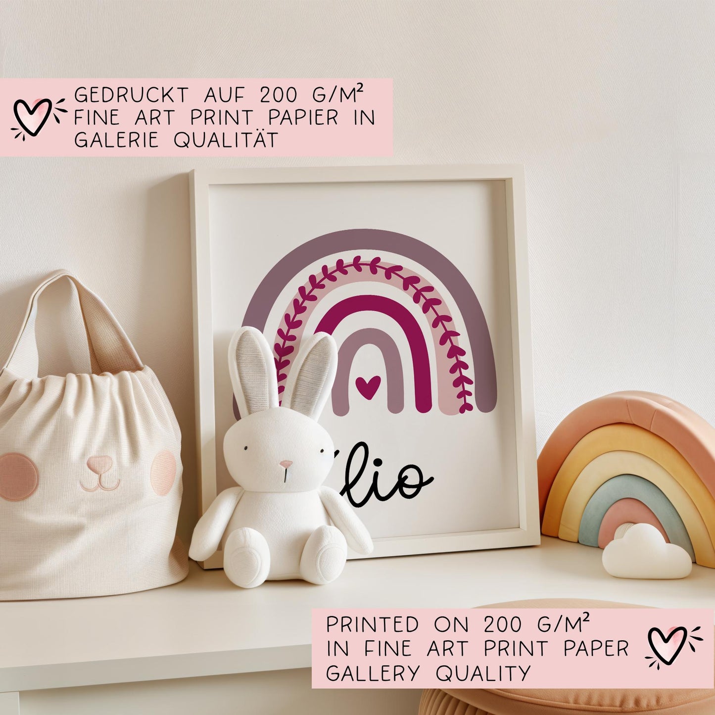 Regenbogen Poster Personalisiert Lila mit oder ohne Namen für Kinderzimmer. Namensposter - Geschenkidee. Geschenk Baby - Wanddeko - DIN A4 kleinebuchstaben