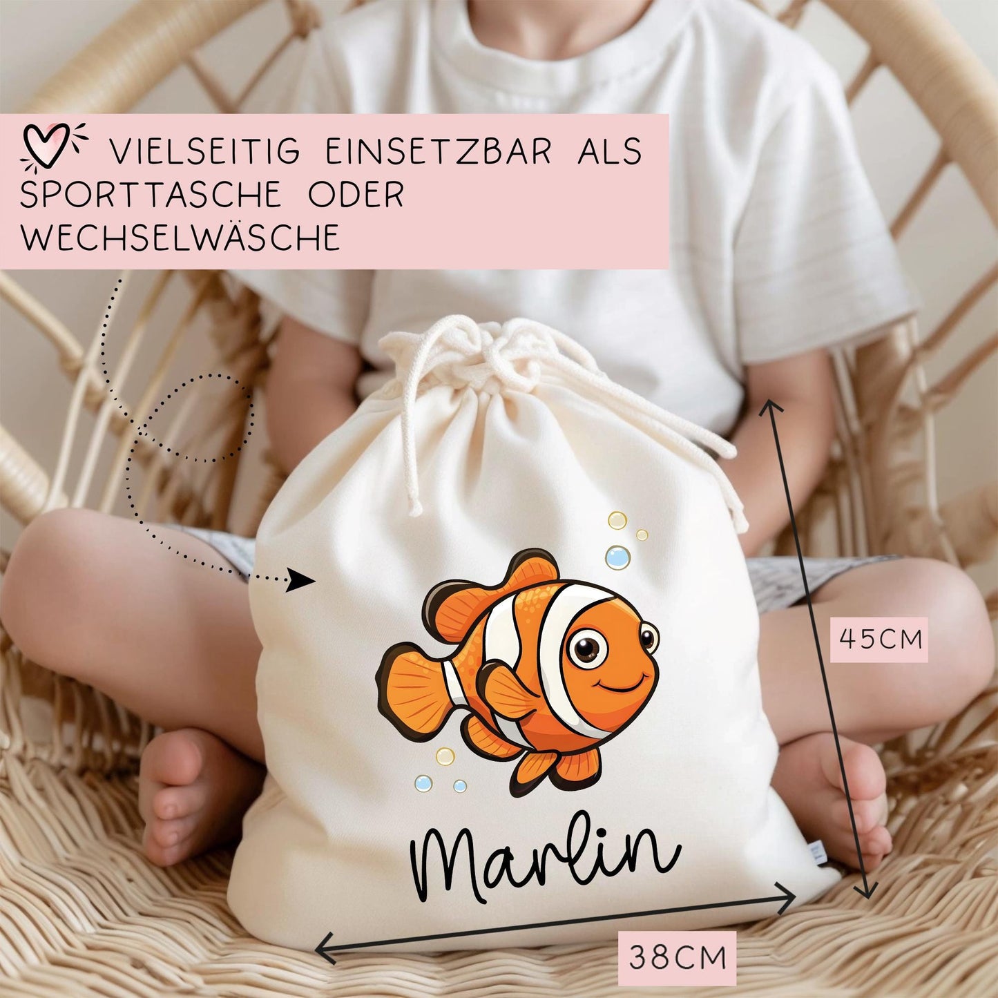 Clownfisch Turnbeutel mit Wunschnamen - Wäschebeutel - Personalisiert - Wunschnamen - Schule - mit Name - Wechselkleidung - Weihnachten kleinebuchstaben