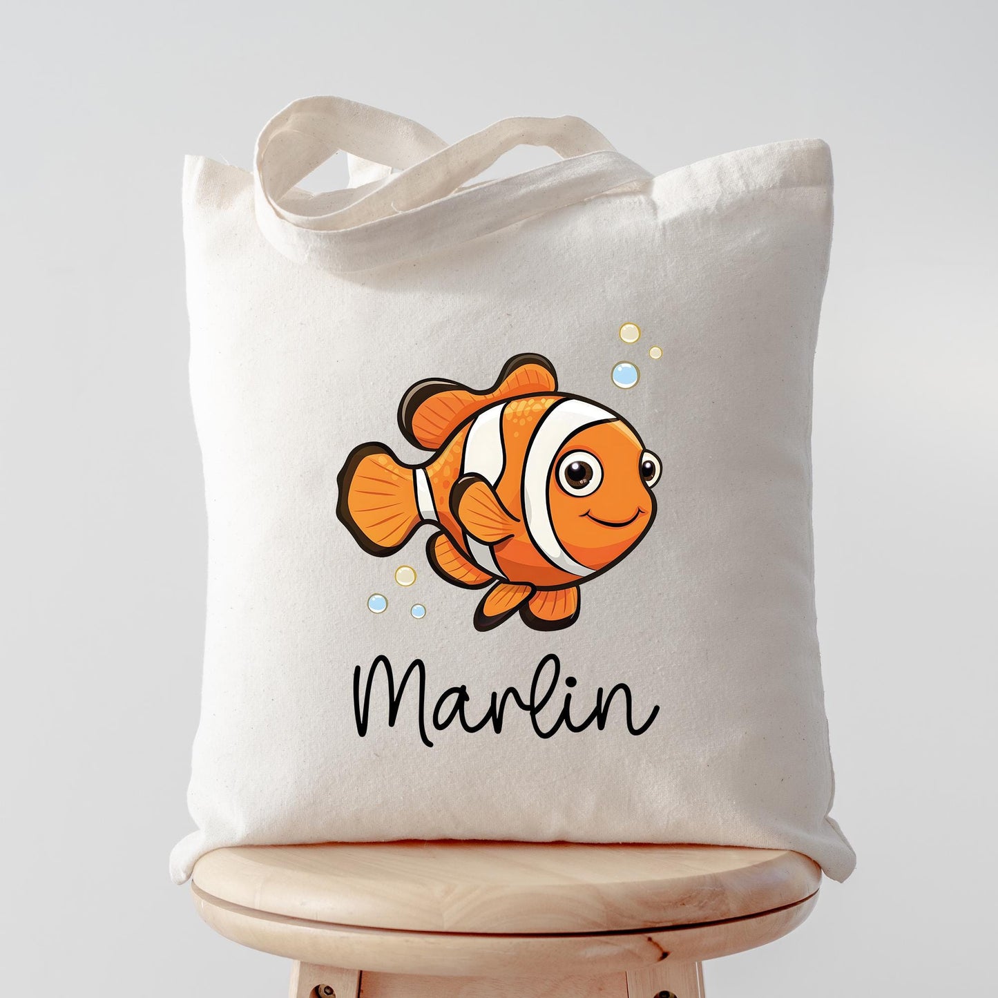 Clownfisch Turnbeutel mit Wunschnamen - Wäschebeutel - Personalisiert - Wunschnamen - Schule - mit Name - Wechselkleidung - Weihnachten kleinebuchstaben Stofftasche Schriftart 1