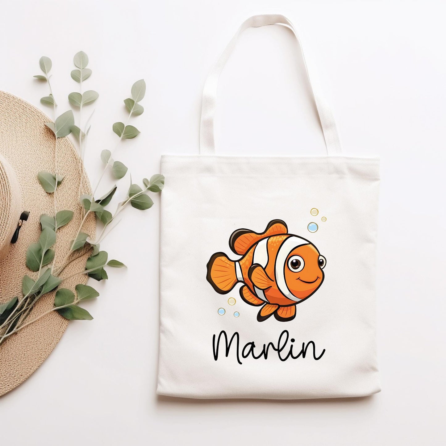 Stofftasche Clownfisch Personalisiert Tasche Anemonenfisch - Beutel Kindertasche mit Wunschname - Wechselwäsche Jutebeutel - Kindergarten kleinebuchstaben