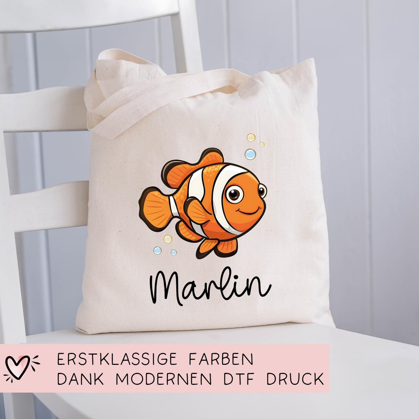 Stofftasche Clownfisch Personalisiert Tasche Anemonenfisch - Beutel Kindertasche mit Wunschname - Wechselwäsche Jutebeutel - Kindergarten kleinebuchstaben