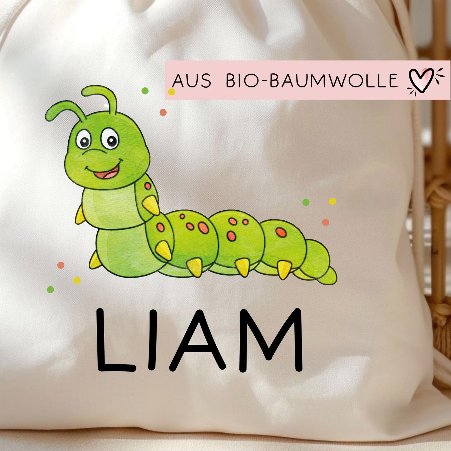 Turnbeutel Wäschebeutel Raupe Personalisiert - Larve - Schmetterlingslarve - Wunschnamen - Schule - mit Name - Wechselkleidung - Weihnachten kleinebuchstaben