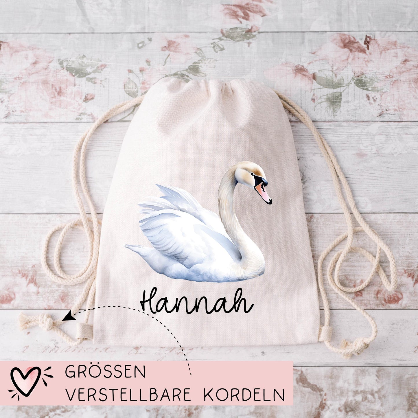 Stofftasche Schwan mit Namen Baumwolltasche Tasche - Personalisiert Beutel Kindertasche -Wunschname - Wechselwäsche - Jutebeutel - KIGA kleinebuchstaben