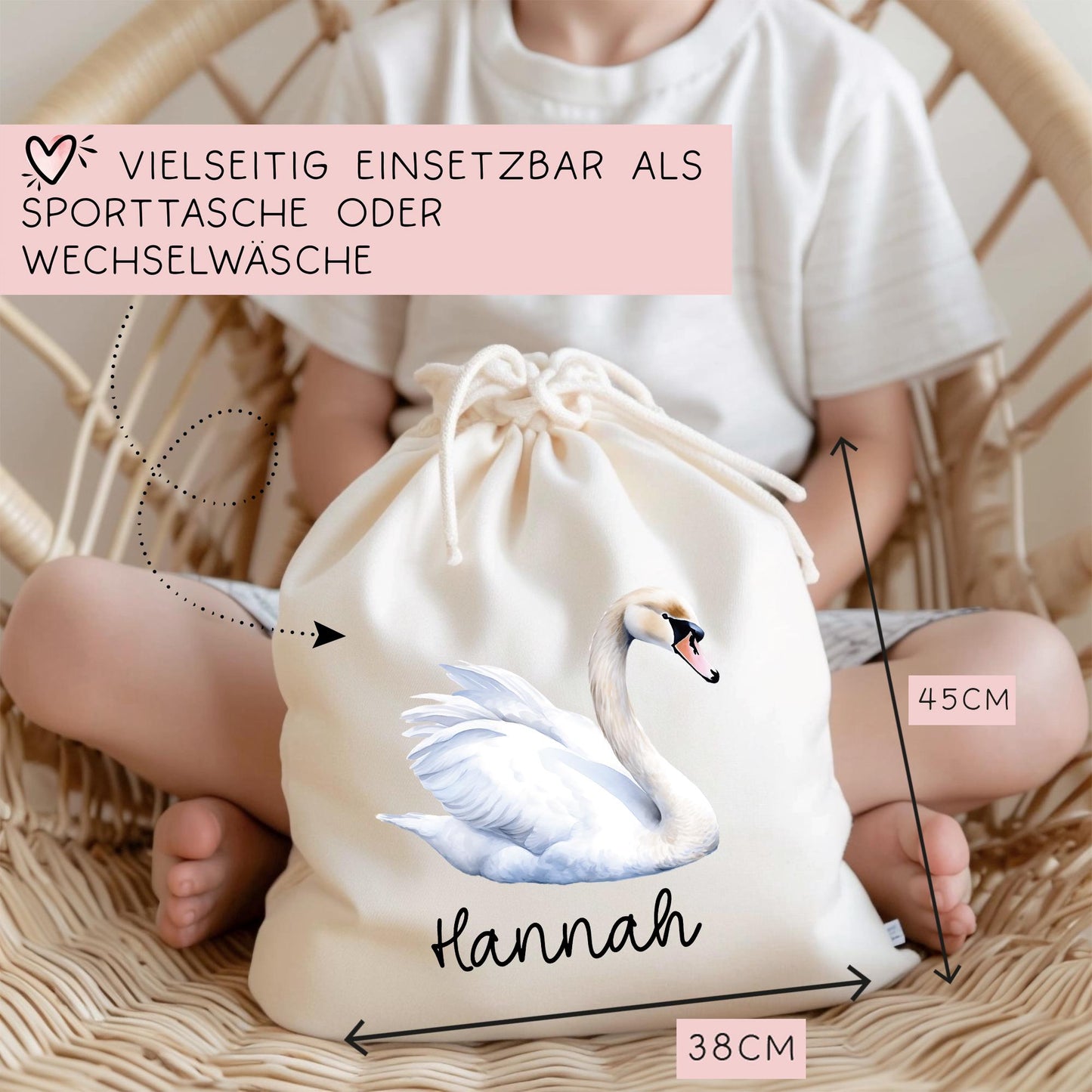 Schwan Weiß Turnbeutel Personalisiert mit Namen Tasche Rucksack als Kindergarten, Sportbeutel, Schule, Wäschebeutel Weihnachten Nikolaus kleinebuchstaben