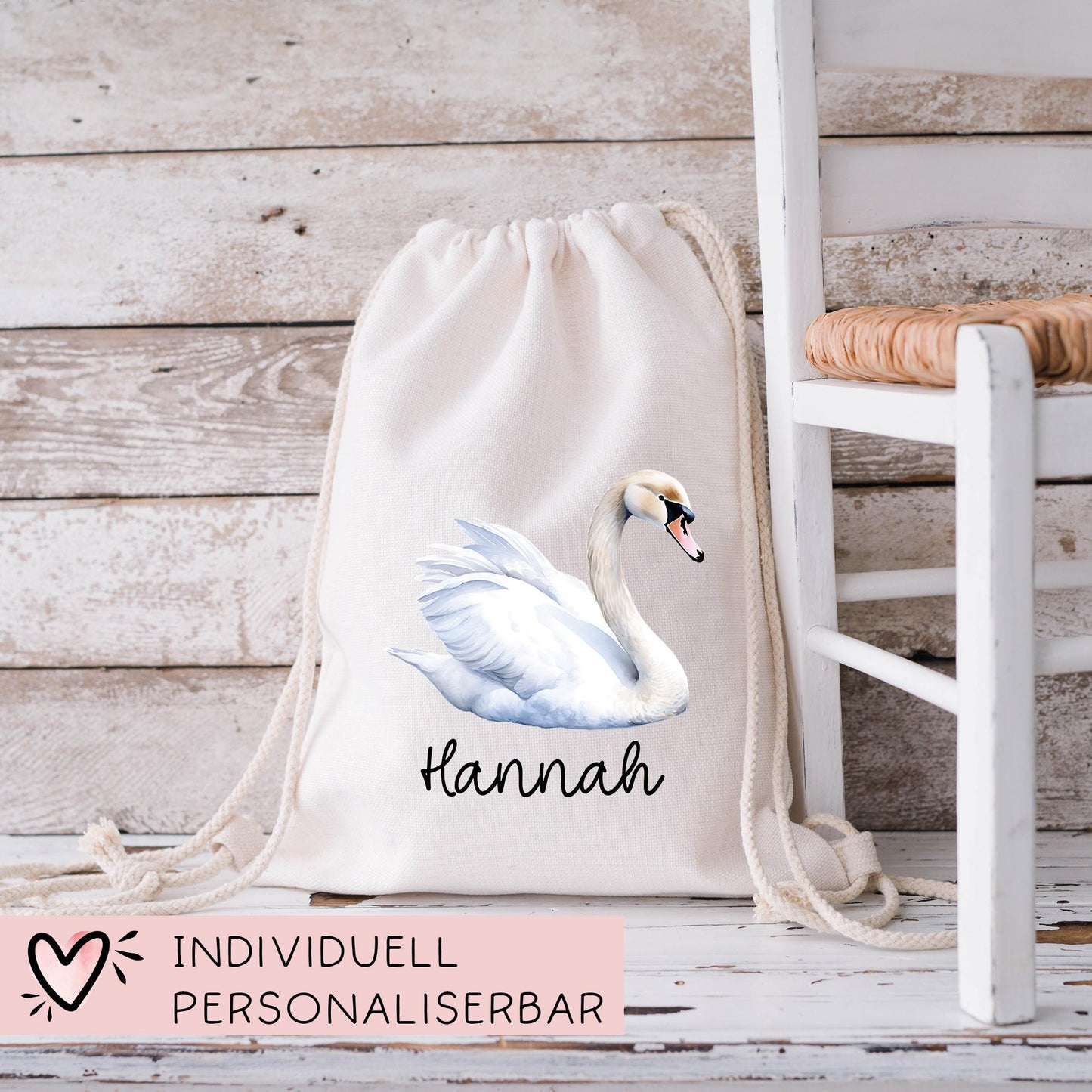 Schwan Weiß Turnbeutel Personalisiert mit Namen Tasche Rucksack als Kindergarten, Sportbeutel, Schule, Wäschebeutel Weihnachten Nikolaus kleinebuchstaben