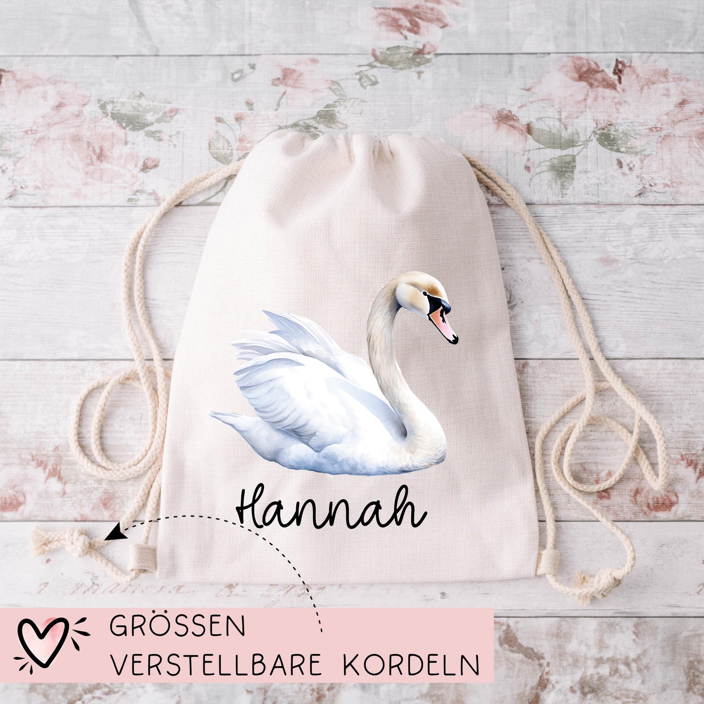 Schwan Weiß Turnbeutel Personalisiert mit Namen Tasche Rucksack als Kindergarten, Sportbeutel, Schule, Wäschebeutel Weihnachten Nikolaus kleinebuchstaben