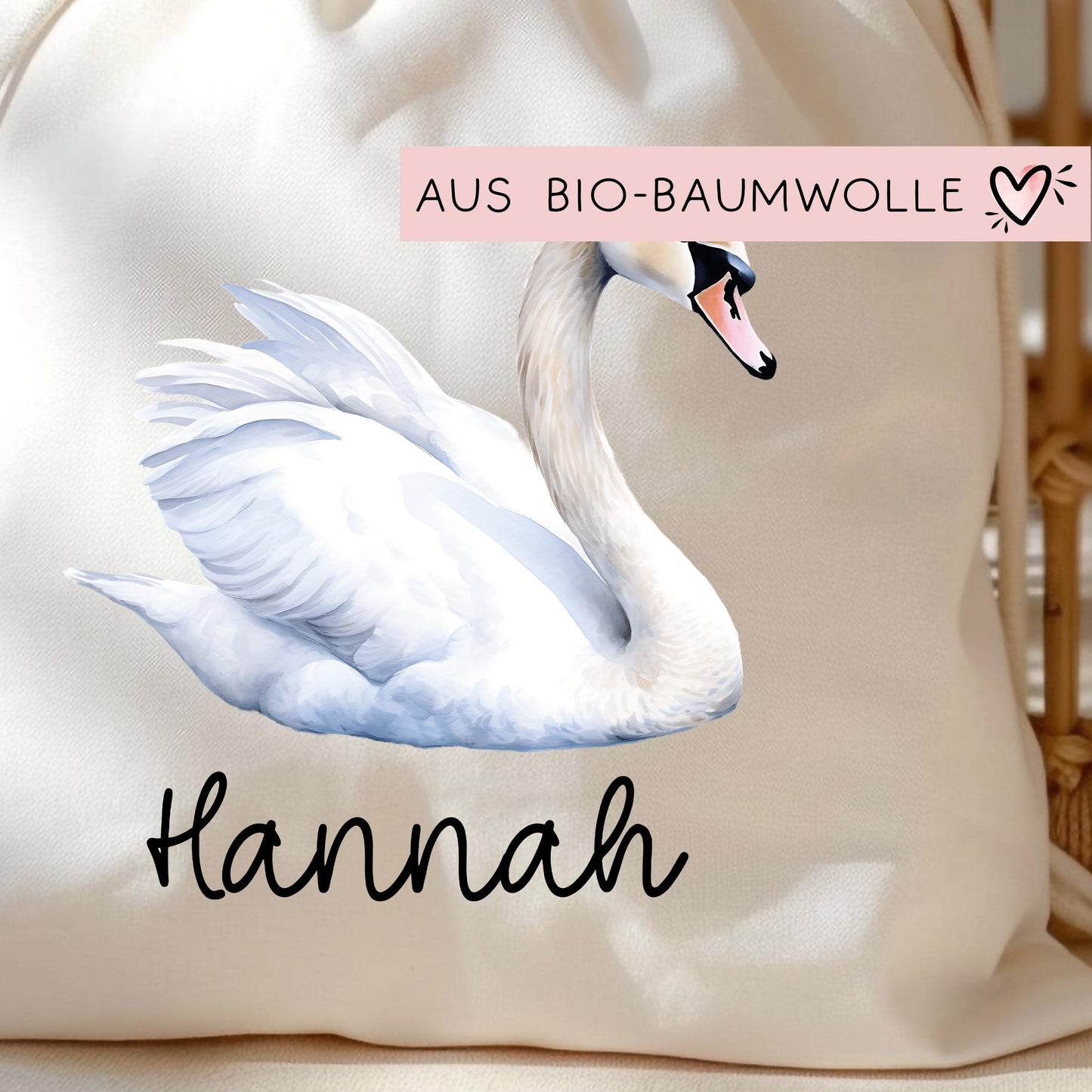 Schwan Weiß Turnbeutel Personalisiert mit Namen Tasche Rucksack als Kindergarten, Sportbeutel, Schule, Wäschebeutel Weihnachten Nikolaus kleinebuchstaben